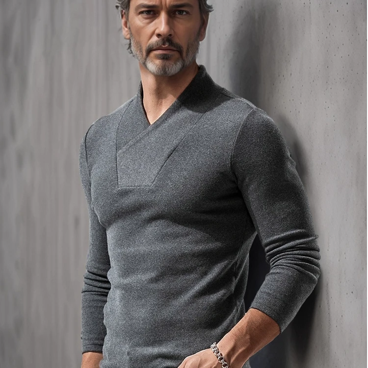 续点中式长袖t恤男立领V领纯棉修身打底衫秋冬季加厚内搭保暖上衣