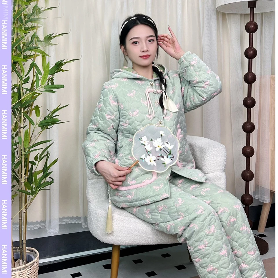 【冬暖繁花】新款睡衣女冬季加厚加绒三层夹棉家居服洋气时尚套装