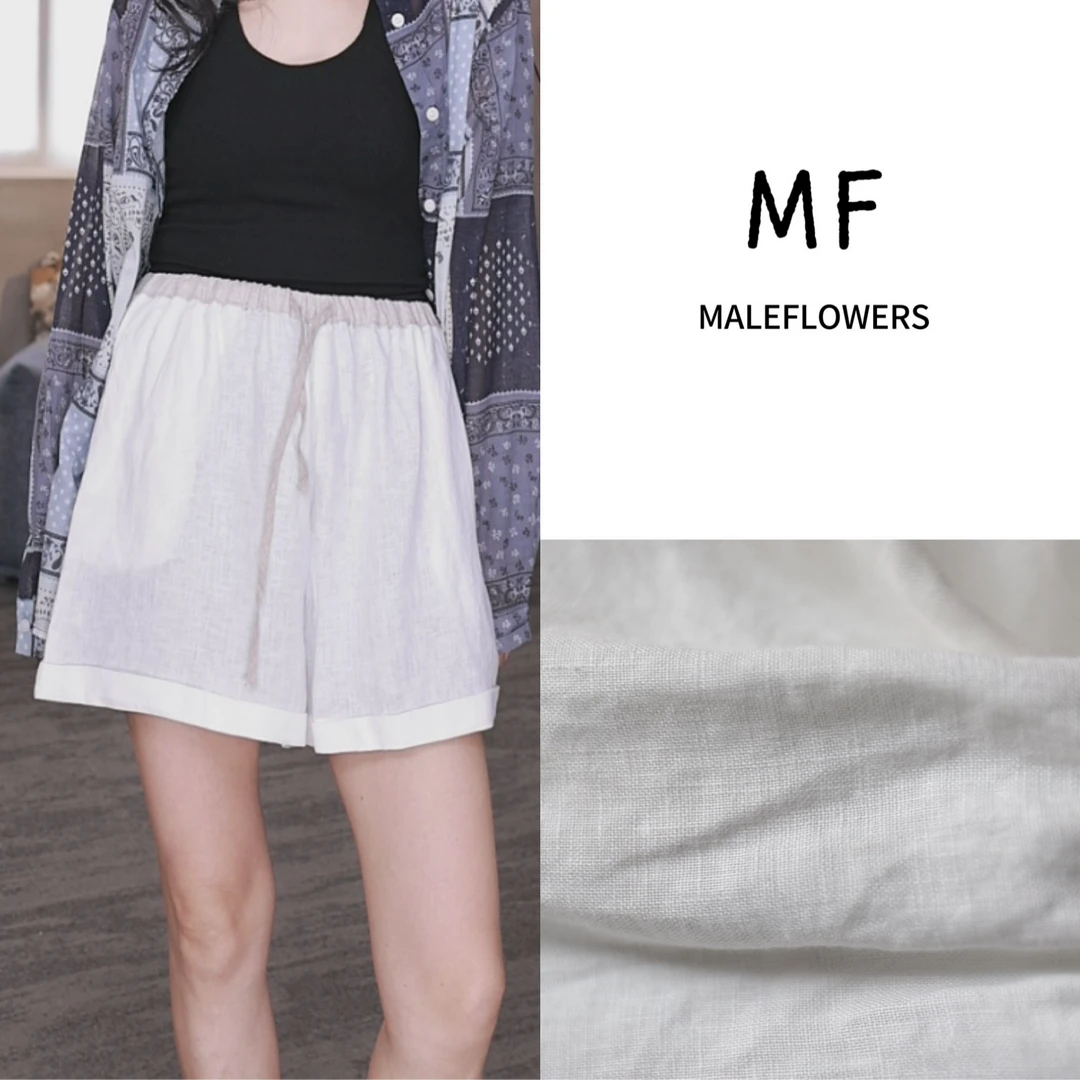 东倪MF 汉麻100极简百搭拼色撞色短裤松紧腰抽绳通勤 85B2589