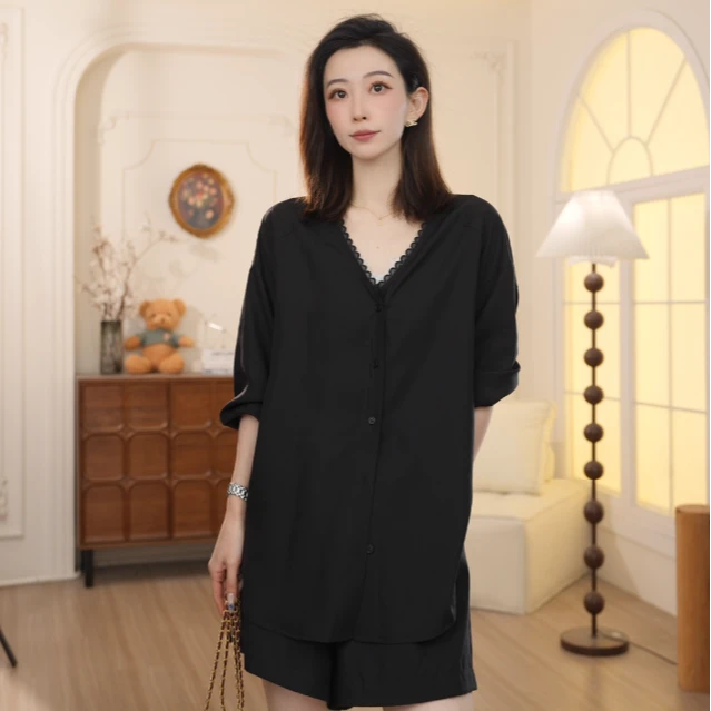 Basic House/百家好2025夏季设计师新款衬衫短裤两件套DXD38