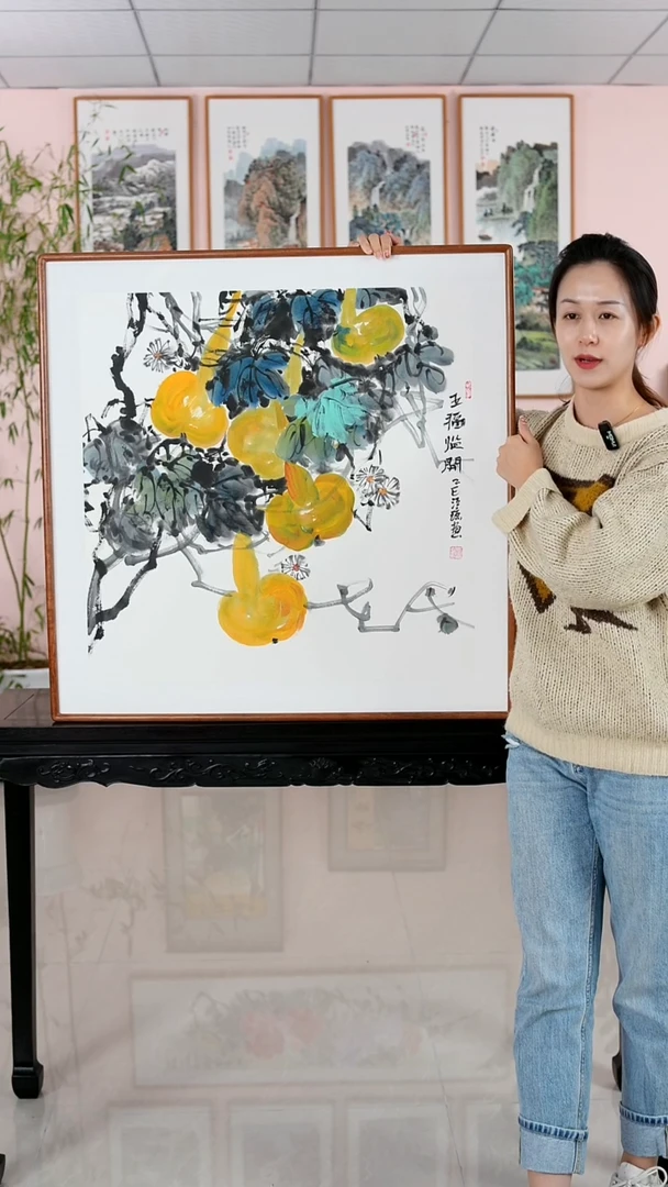 国画汪琼《五福临门》手绘带框82*82厘米