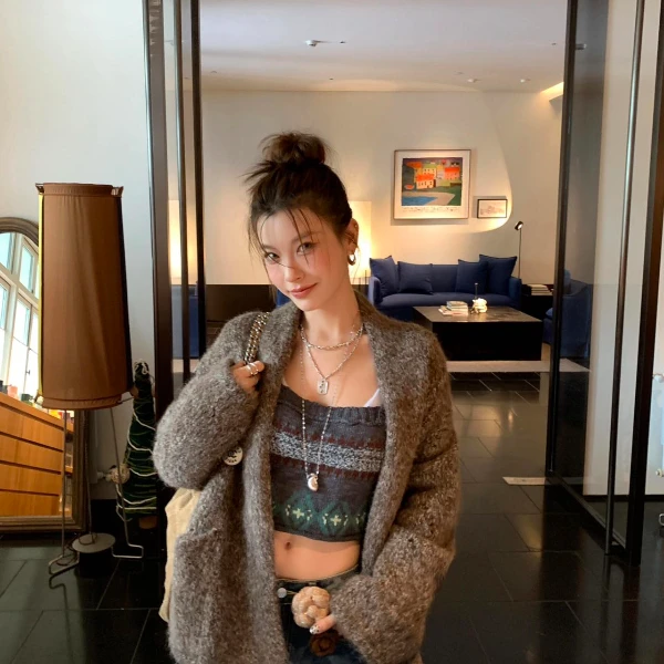 针织毛衣毛针织衫连帽宽松型女百搭开衫款显瘦时尚白带气质网红