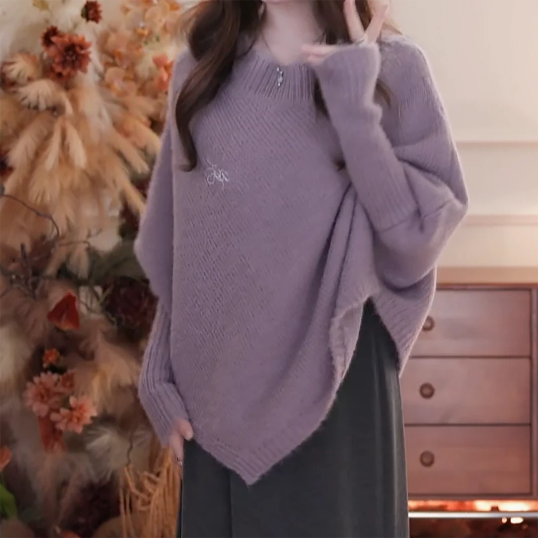 紫色刺绣不规则针织毛衣女新款设计感宽松上衣C6207