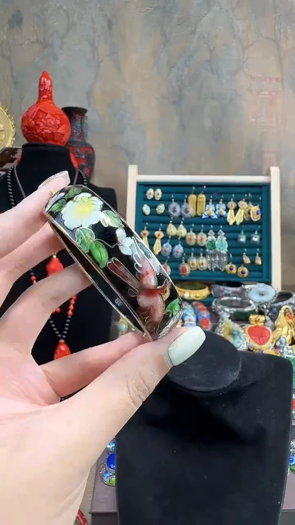 非遗手工景泰蓝开口银蓝镯子黑色