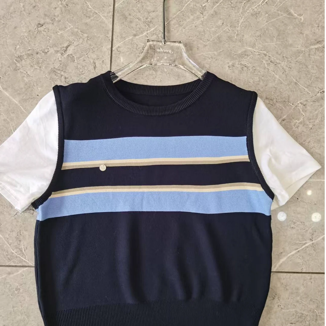 小哥家假两件撞色条纹拼接针织短袖T血2025新款女上衣时尚百搭