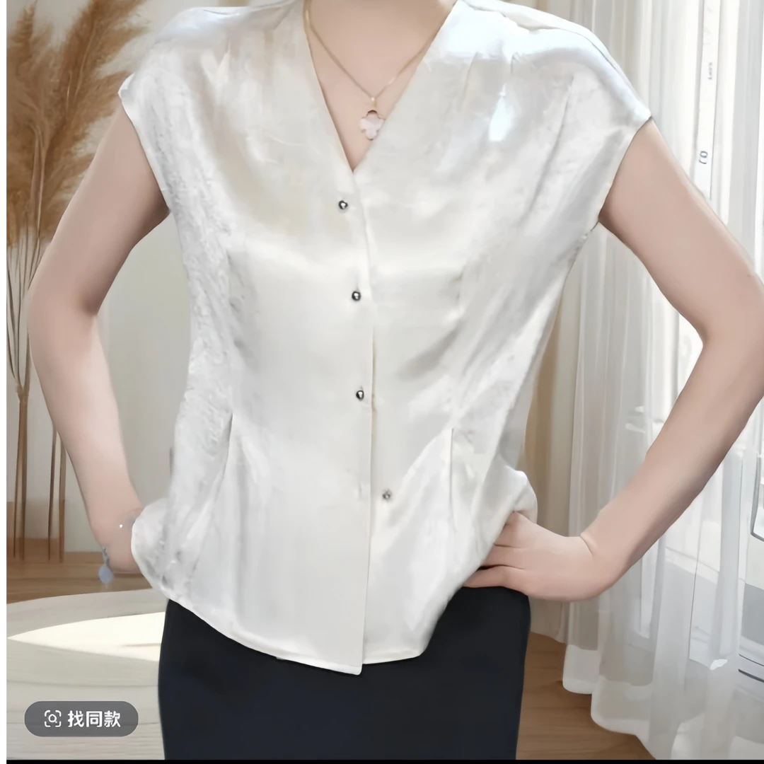 2025夏季新款缎面设计感小众时尚气质上衣女V领短袖衬衫百搭