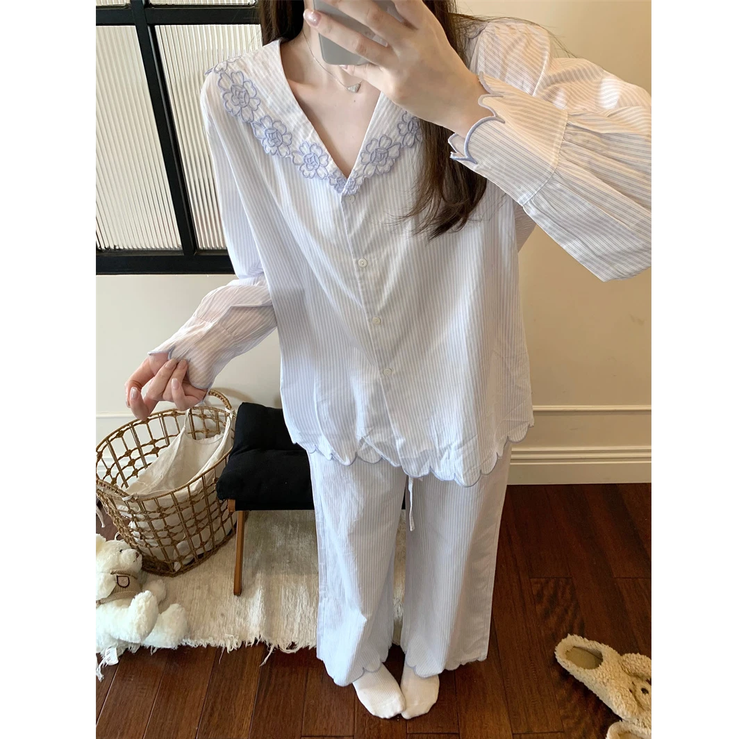 法式甜美刺绣花朵翻领条纹睡衣女款春秋季长袖长裤纯棉家居服套装