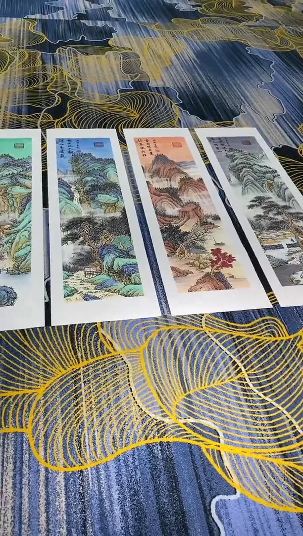 【闪购商品】国画张巨富  金线描边四条屏