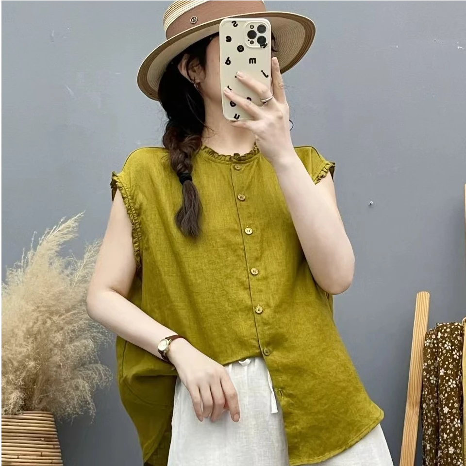 亚麻系夏季新款100纯亚麻纯色飞飞袖衬衫圆领上衣小众女装洋气CH