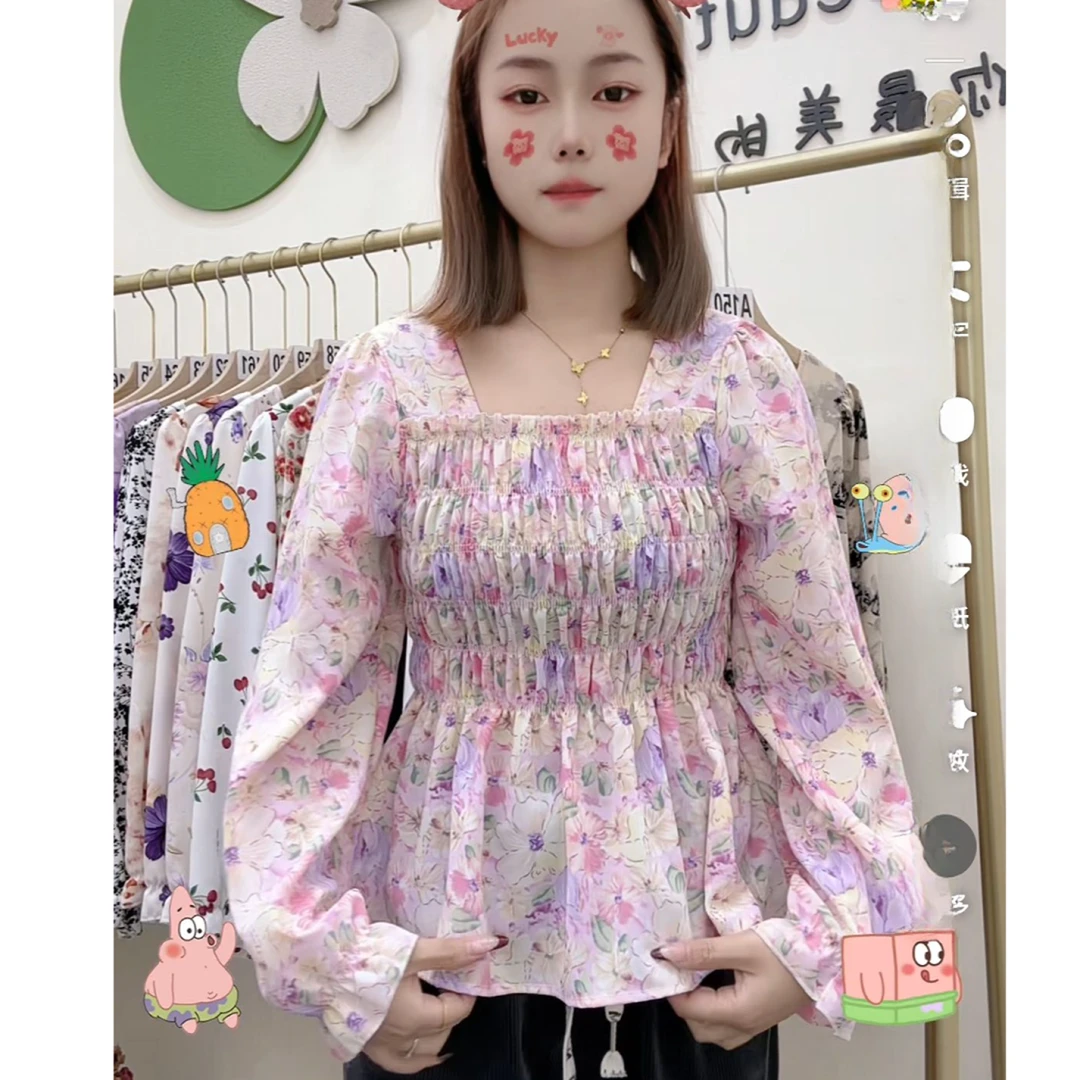 【丹丹专属】春夏季新款法式方领长袖收腰修身显瘦气质碎花小衫上衣
