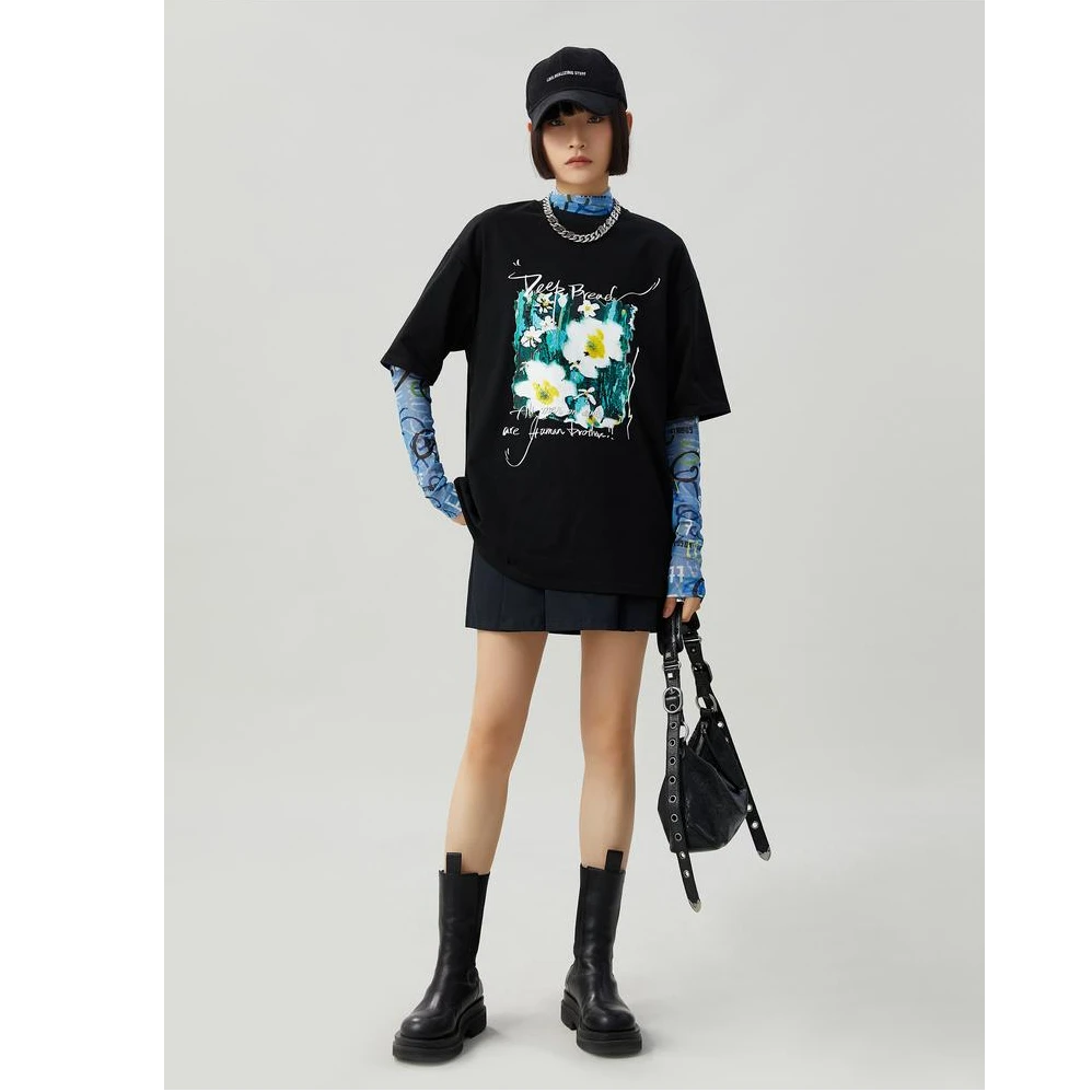 GIRDEAR/哥弟时尚设计感小众百搭印花宽松休闲黑色半袖T恤1300865