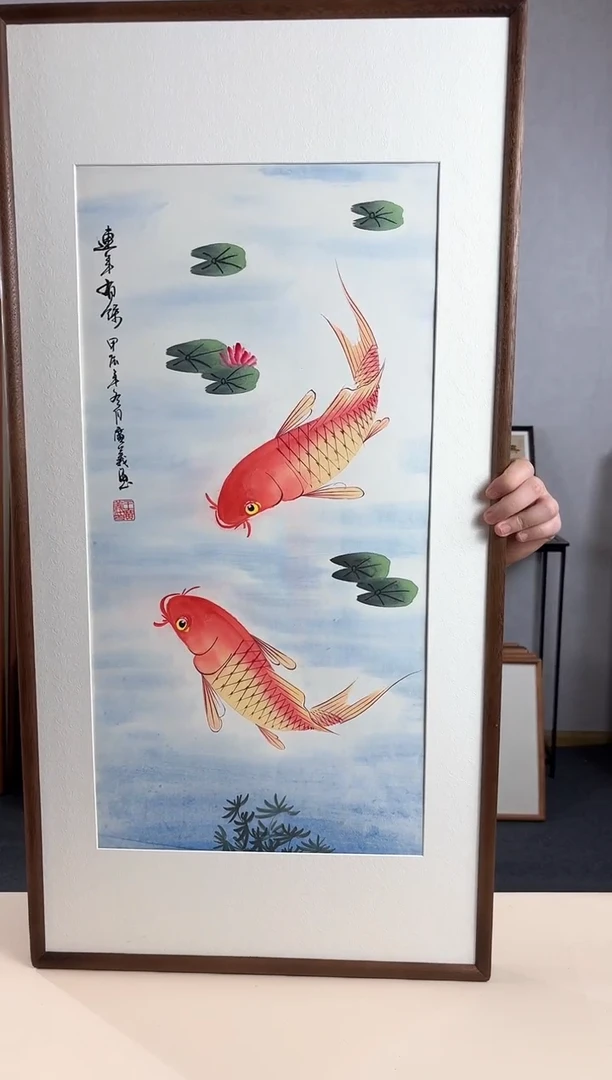 【闪购商品】国画手绘*连年有余*47*92cm实木框