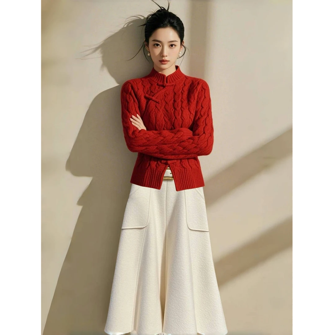 2025穿搭一整套新中式国风复古红色毛衣针织衫精致时尚半身裙女装