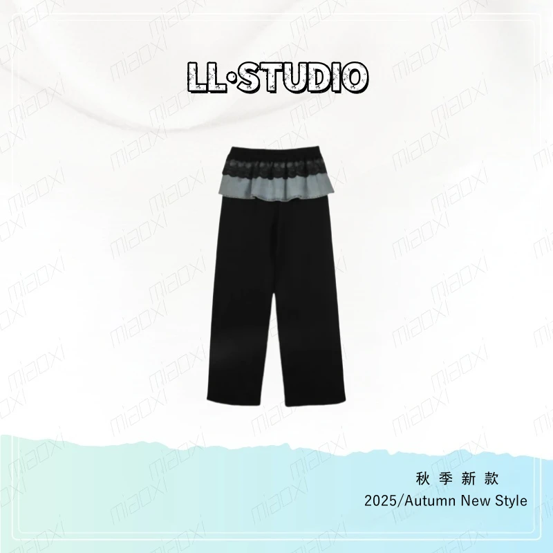 妙兮·LL秋季新款时尚气质百搭设计款拼接蕾丝高腰阔腿裤*20251911