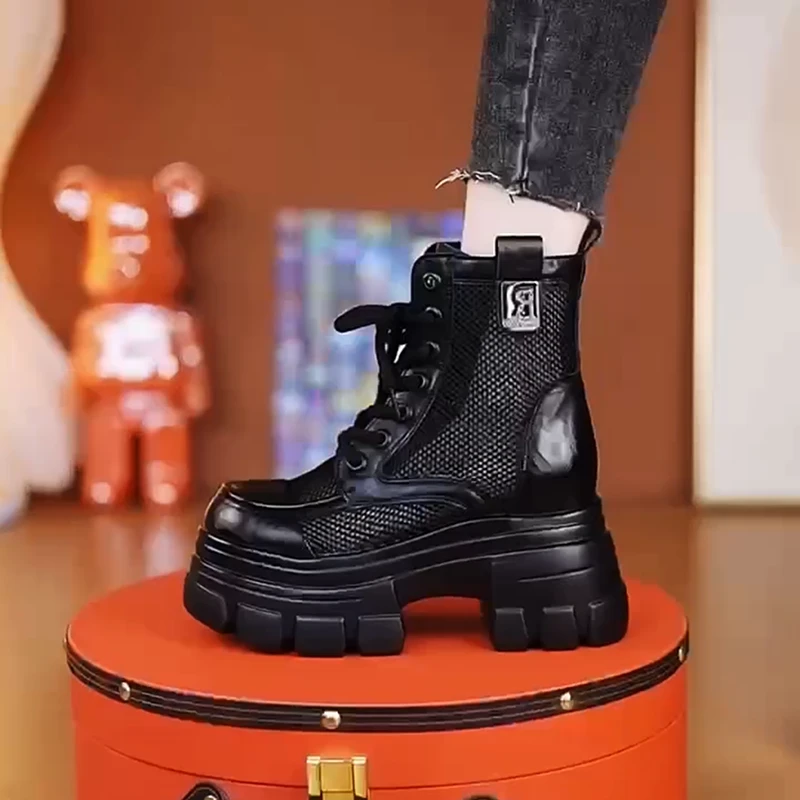 小个子网纱马丁靴女2025夏季厚底内增高10cm薄款短靴镂空透气凉靴