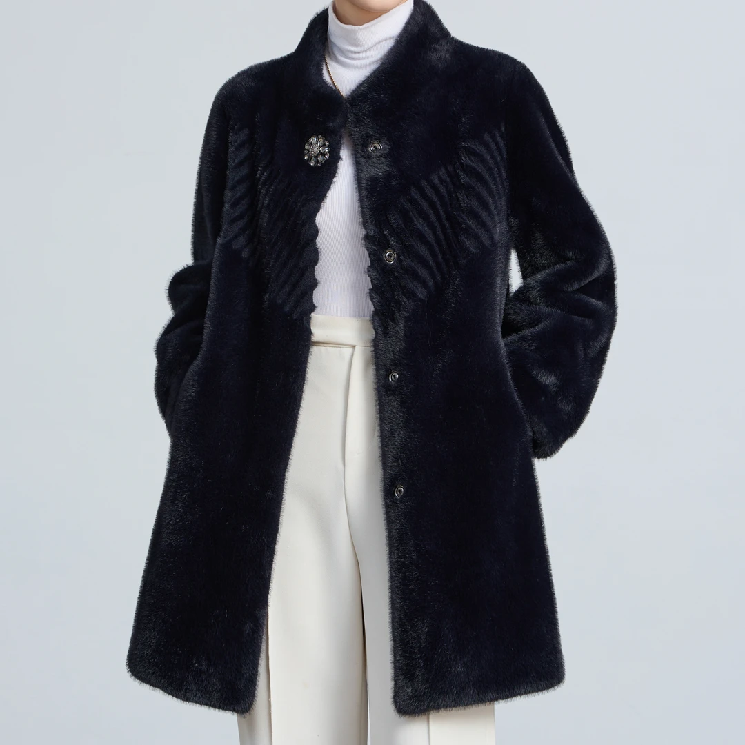 820妈妈装立领造型水钻扣保暖外套冬季中长款女士加厚大衣韩版