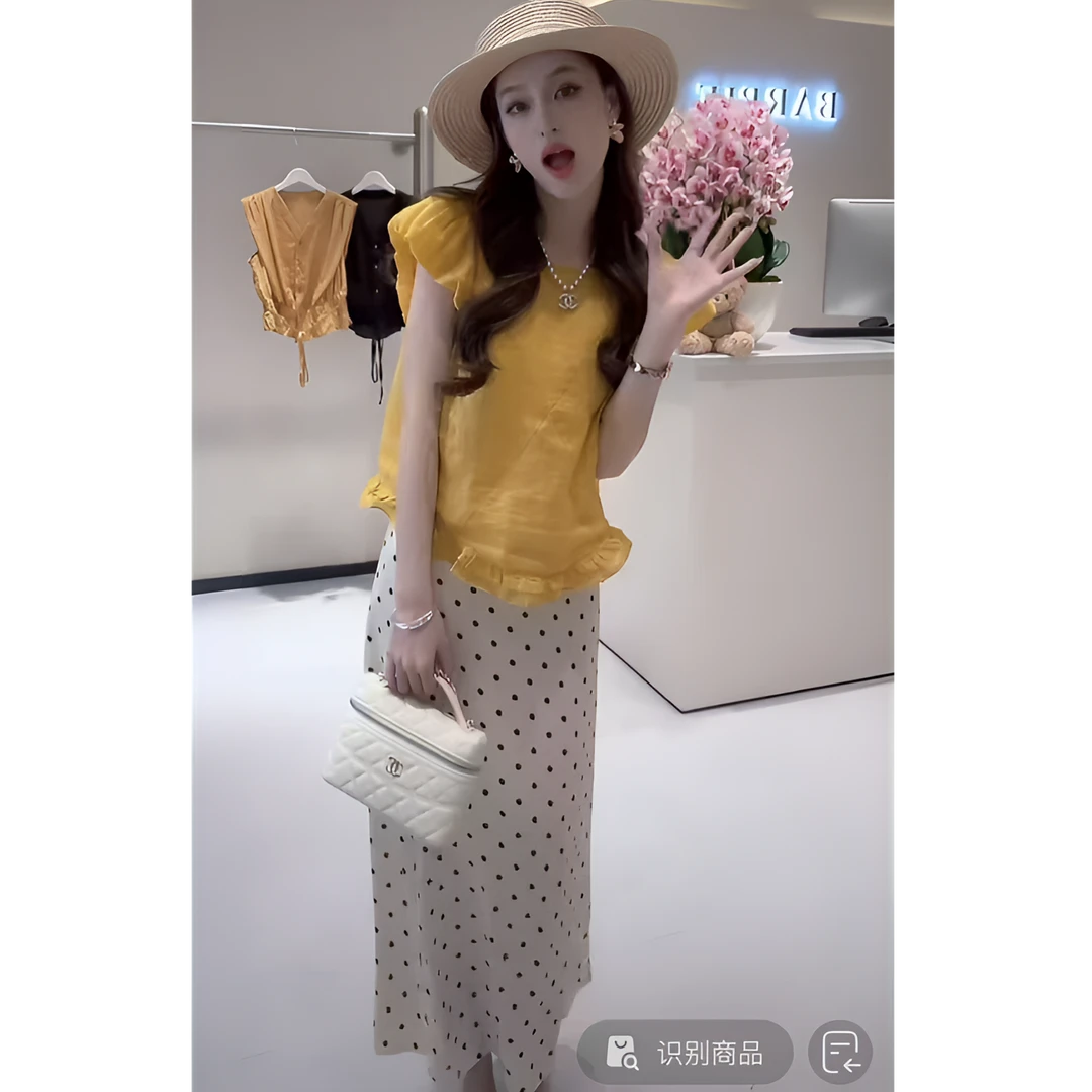 法式减龄木耳边小飞袖女夏季设计感小众衬衣宽松显瘦百搭上衣+裙