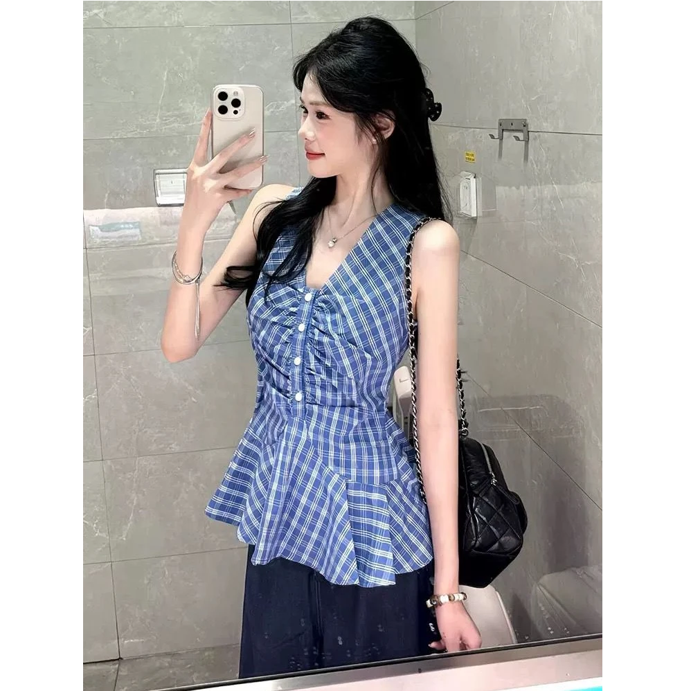法式V领格子背心女2025夏季新款纯欲风无袖衬衫上衣