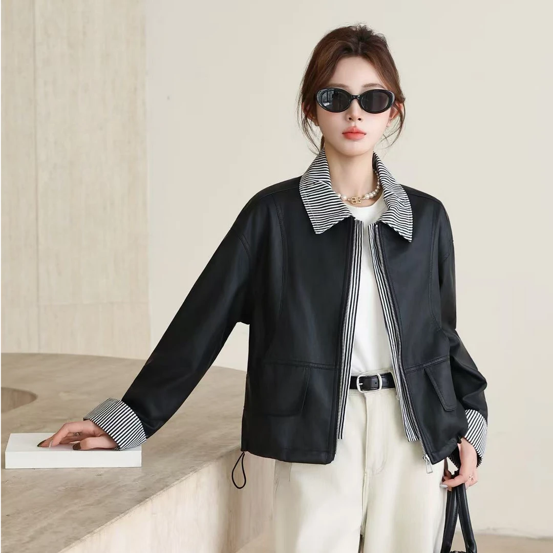 条纹拼接假两件皮衣外套女2025秋装新款休闲翻领超火皮夹克