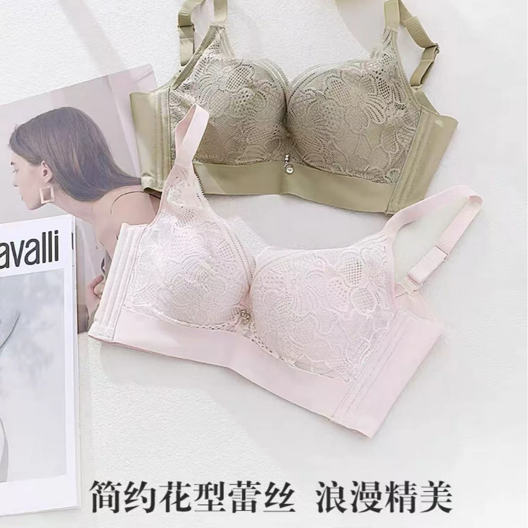 收副乳聚拢透气文胸山茶花内衣中模杯软钢圈上托蕾丝调整型简约