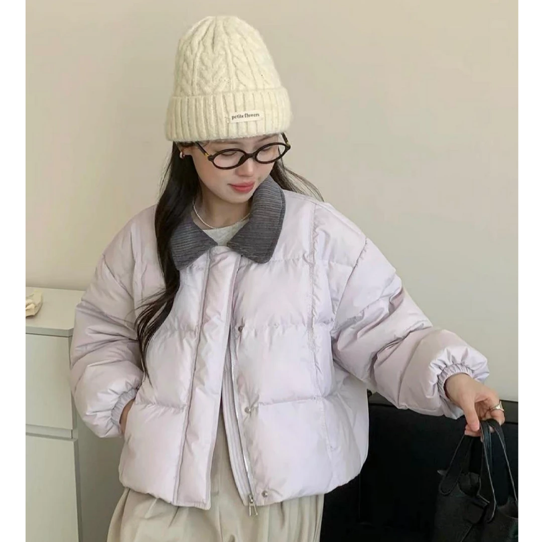 韩系灯芯绒领短款小个子女款羽绒服色系白鸭绒外套百搭高级秋冬