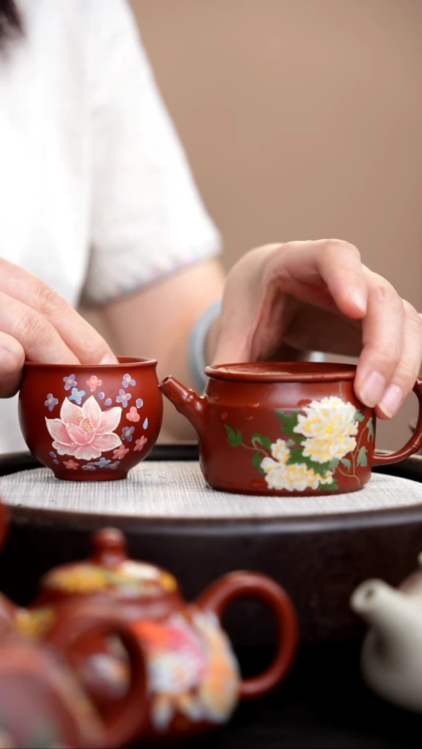 茶壶紫砂朱泥无钮竹节汉瓦泥绘牡丹+杯