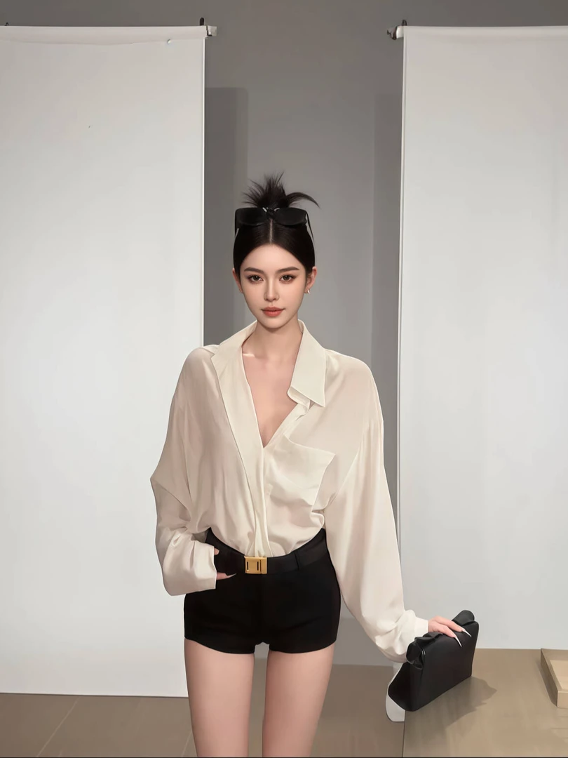 2025春夏新款微透辣妹风薄款长袖衬衫宽松休闲口袋衬衣百搭短裤女