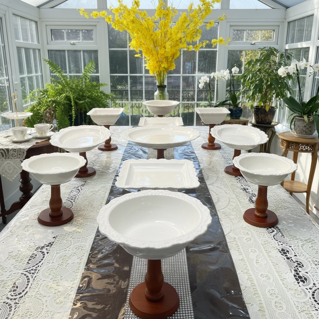 欧式复古风精致11头陶瓷家用高脚果盘 干果碗 点心盘 水果盘 包邮