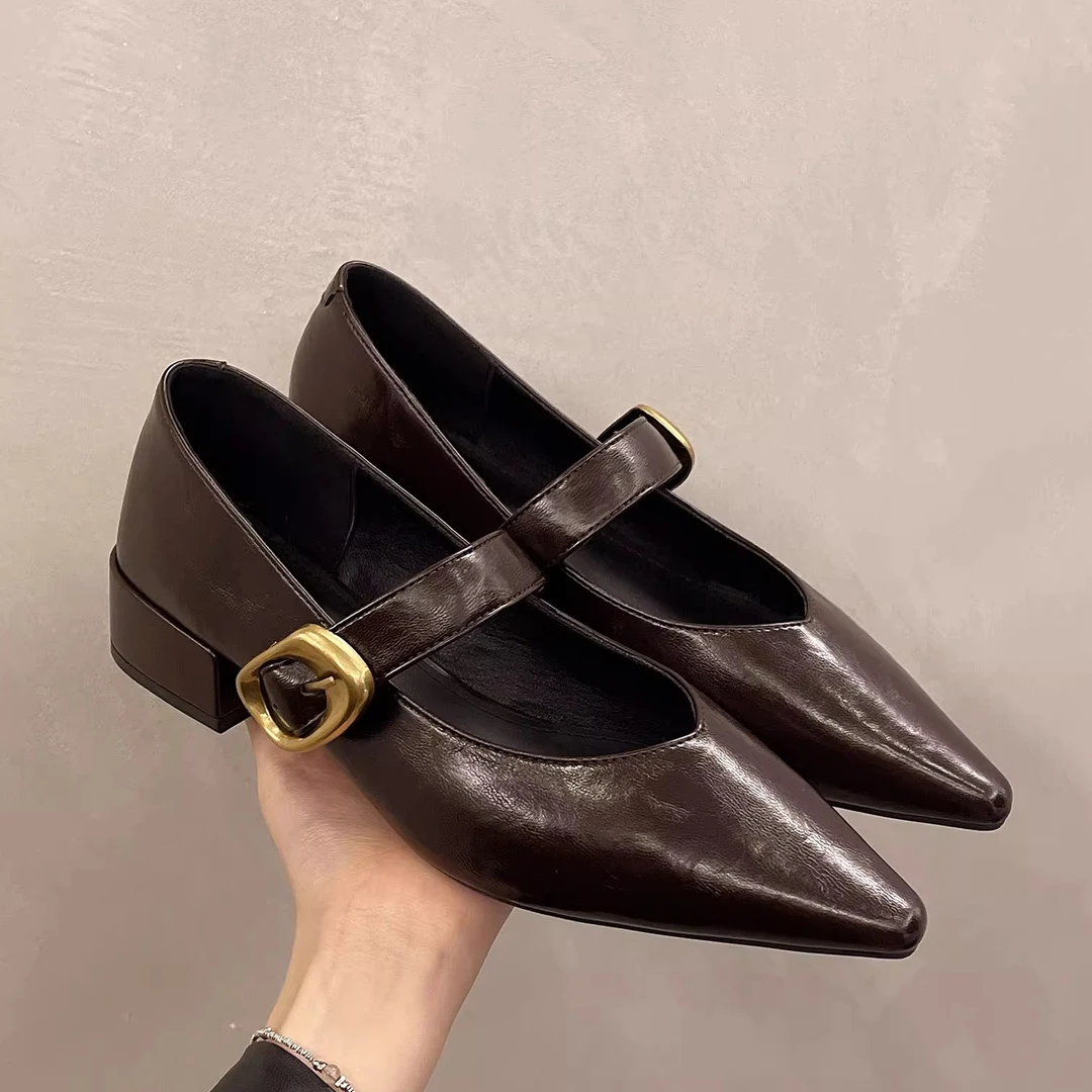 粗跟尖头单鞋女2025新款气质软底软皮舒适低跟尖头法式玛丽珍女鞋