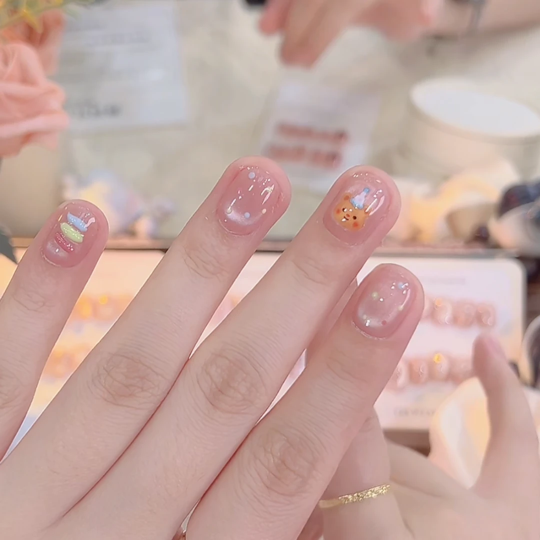 【波点彩熊】纯手工穿戴甲短款波点跳色少女风猫眼可爱小熊指甲贴片