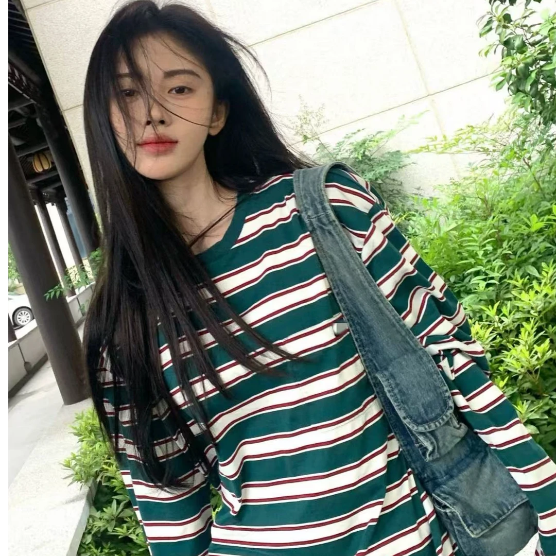 小鞠同款绿色条纹长袖T恤早秋新款撞色休闲款式上衣