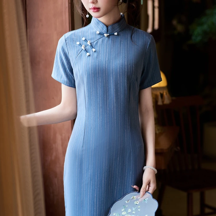 <芷云-芷洛>复古小个子旗袍2025年新款文艺清新蓝色少女连衣裙