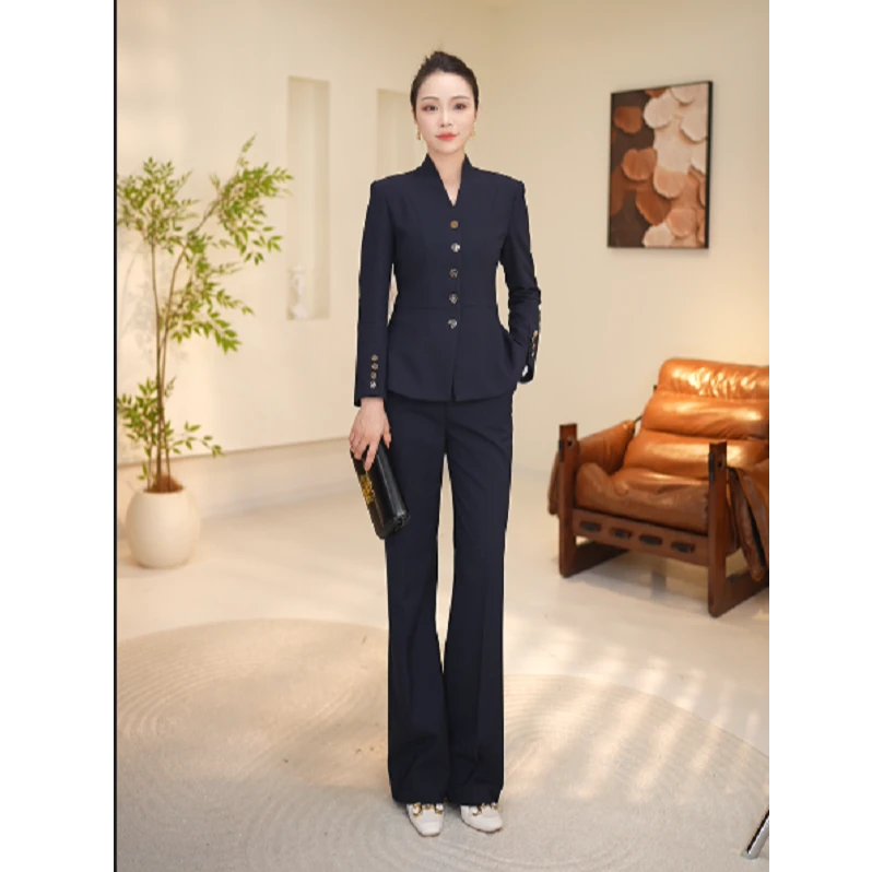 晚晚秋季新款藏青色西装套装女高级显瘦显高女神范时尚通勤穿搭
