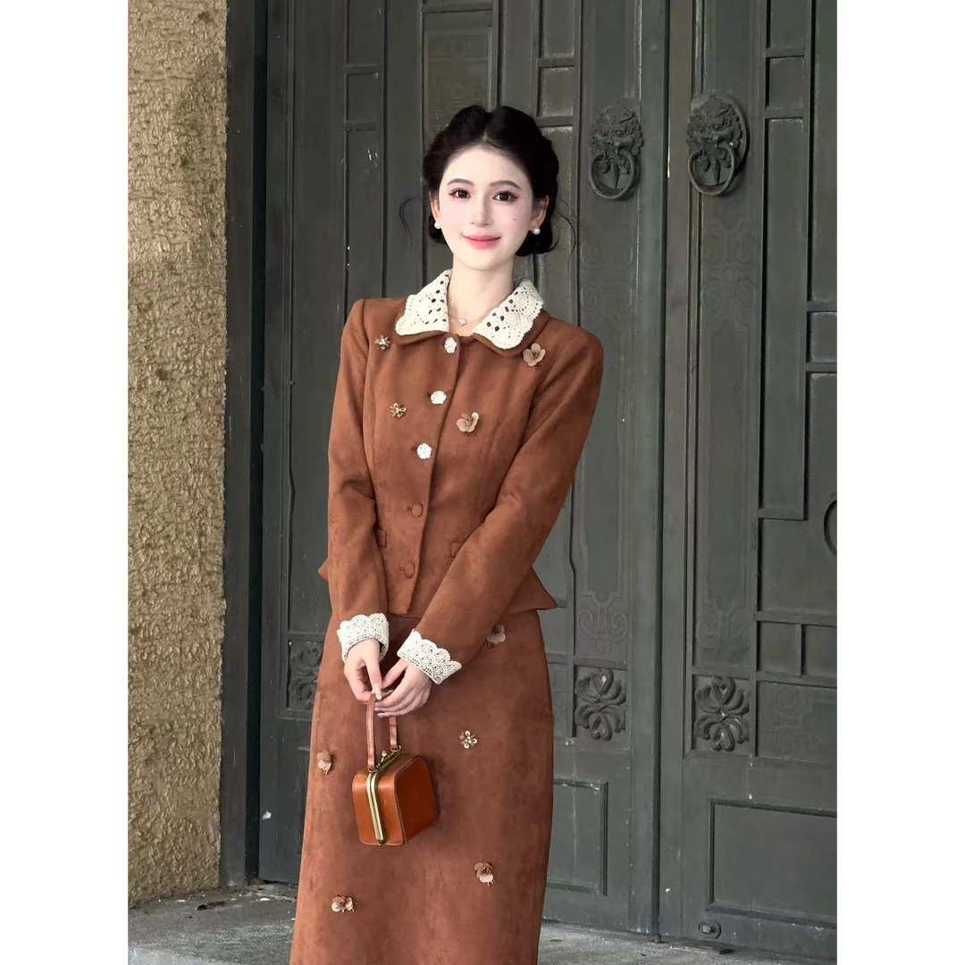 LiLi李李家【热可可】miu系复古风棕色外套半裙套装XMZH9766时尚