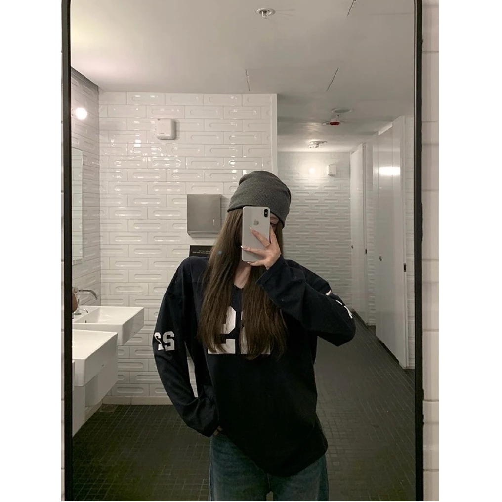 【美式少女】长袖T恤女秋美式复古V领宽松字母印花上衣