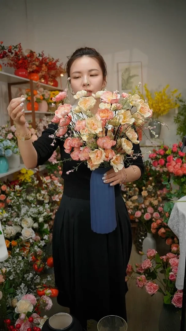 粉蝶花：5支粉色+5支香槟+蓝色玻璃花瓶