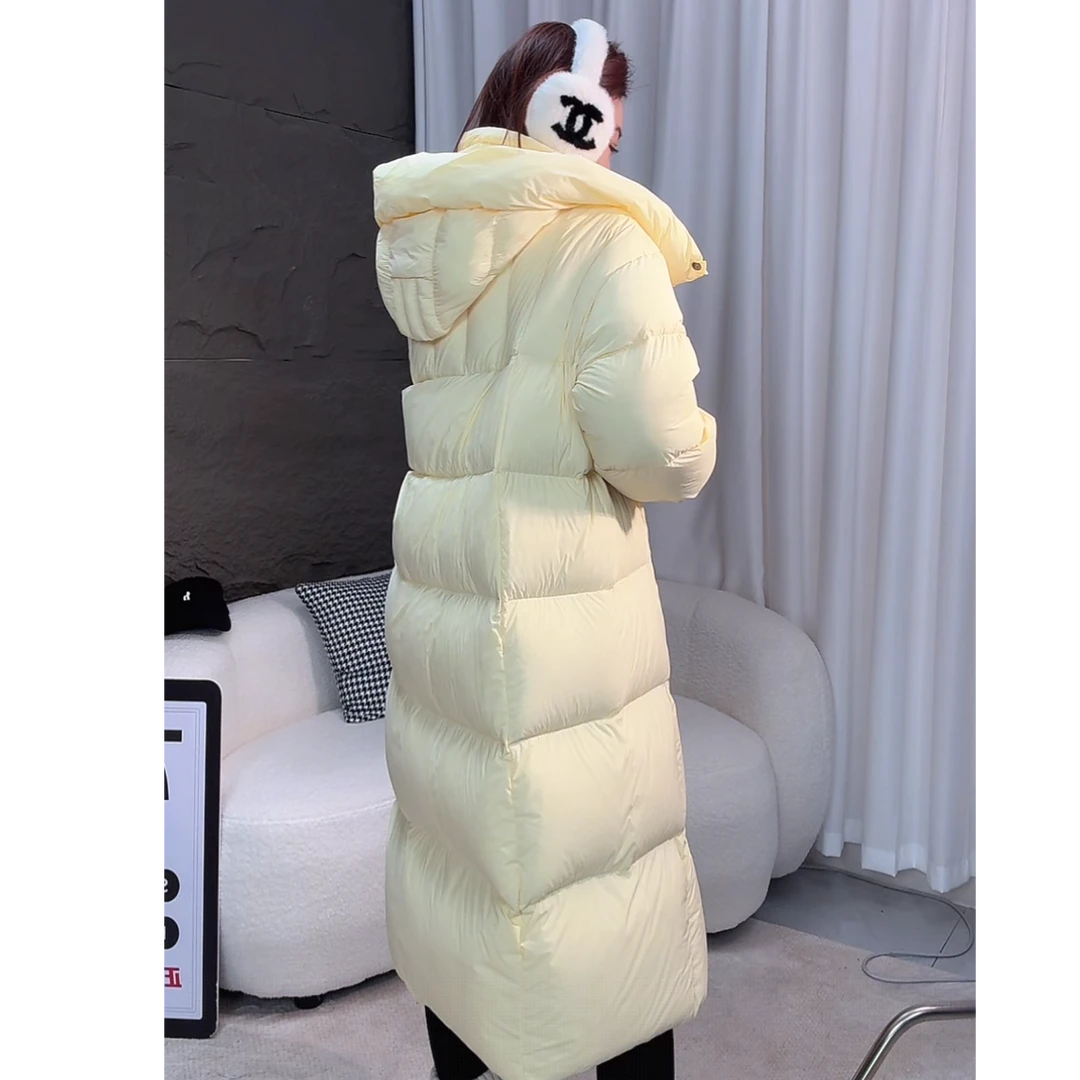 云朵零压泡芙连帽羽绒服女2025冬季新款过膝长款90白鸭绒加厚外套