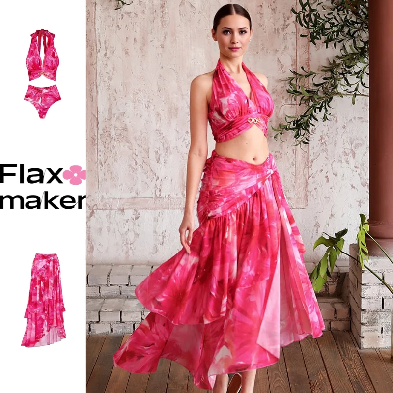 Flaxmaker【花仙子】小众设计挂脖印花比基尼温泉海滩度假高级泳衣