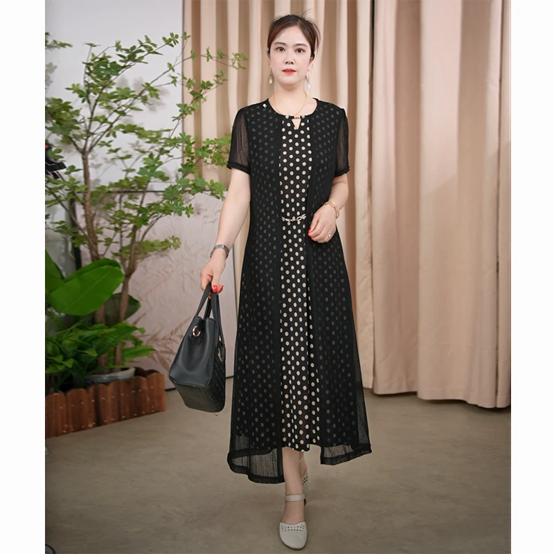 夏季新款女装短袖圆领洋气收腰高级感气质波点假两件中长款连衣裙