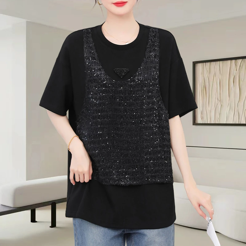 假两件亮片短袖t恤女2025夏季新款时尚宽松大码显瘦休闲百搭上衣