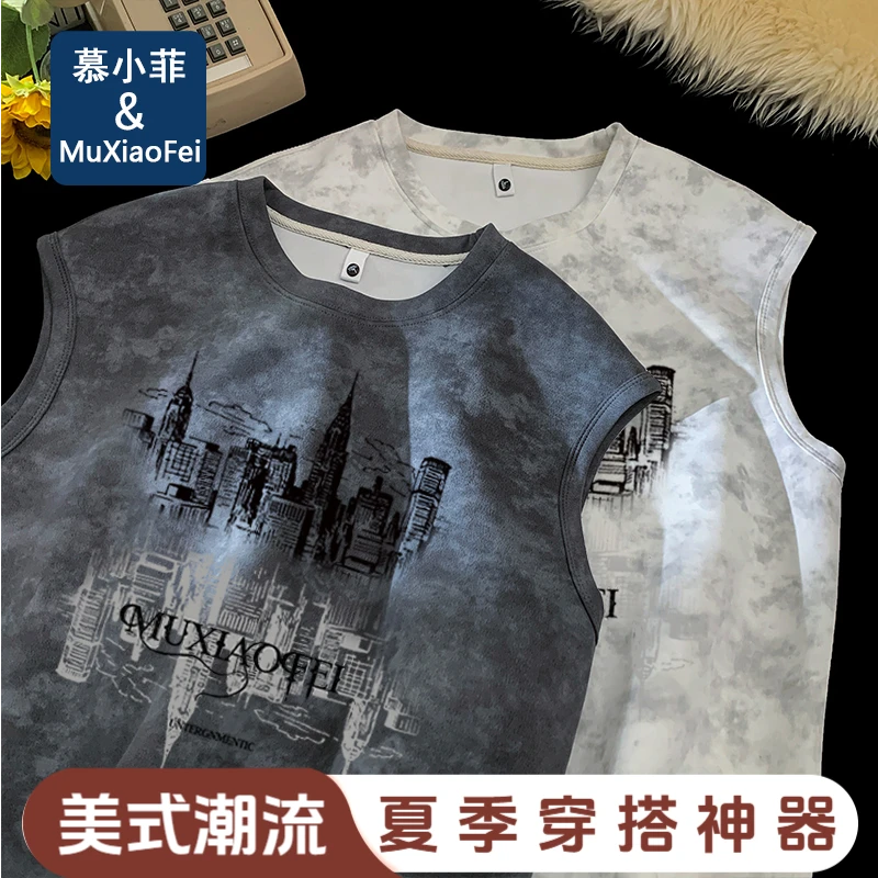 2025新款美式潮流夏季男士无袖T恤休闲运动宽松坎肩背心男上衣服