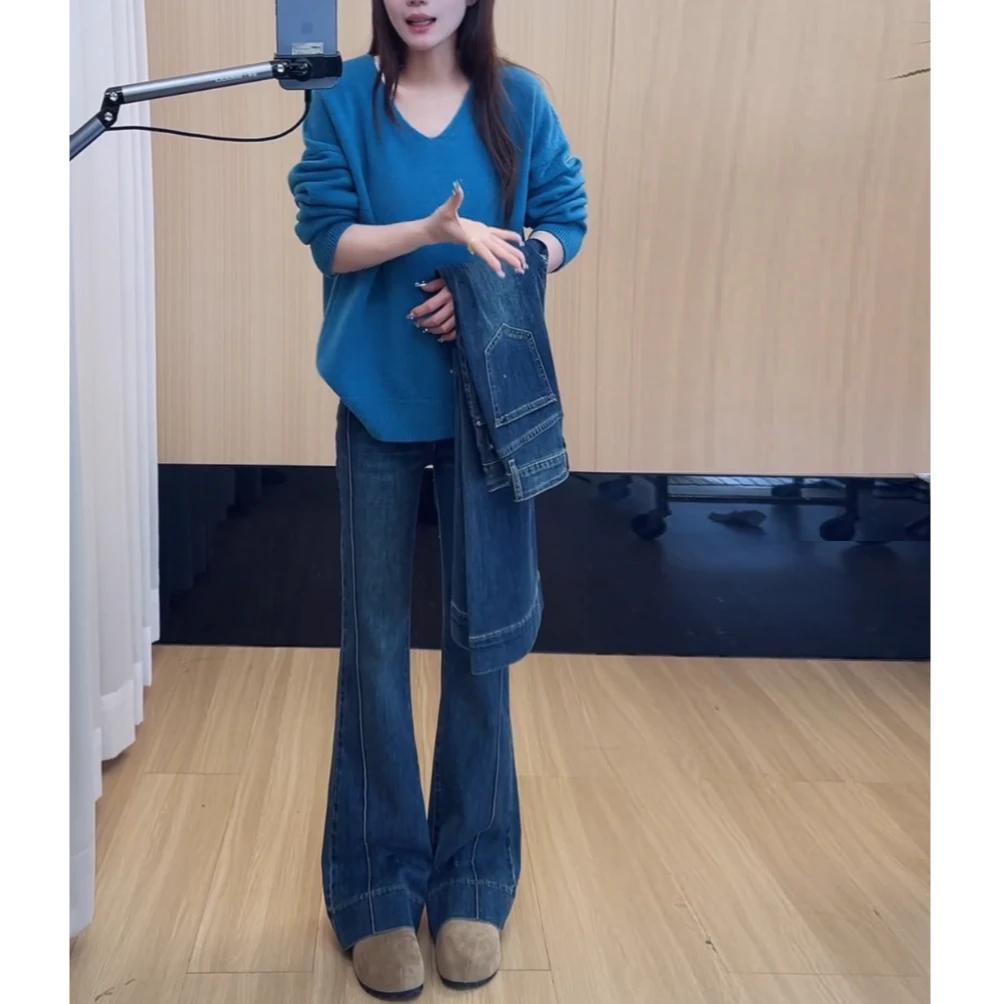 2025春季新款高腰弹力阔腿微喇叭牛仔裤女九分小个子宽松长裤显瘦