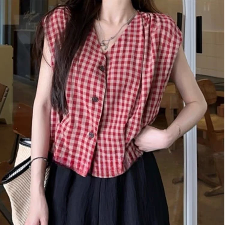 无袖格子衬衫女夏款2025新款小个子收腰女士上衣短款洋气卡腰小衫