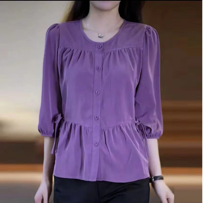 女士高档衬衫韩版七分袖宽松遮肚子显瘦上衣2025新款减龄40岁中年