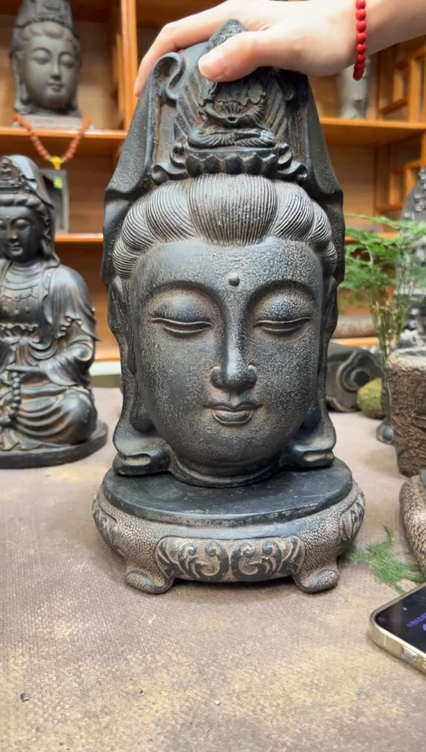 陶土【火山泥】观音佛首+素面万寿藤圆小底座