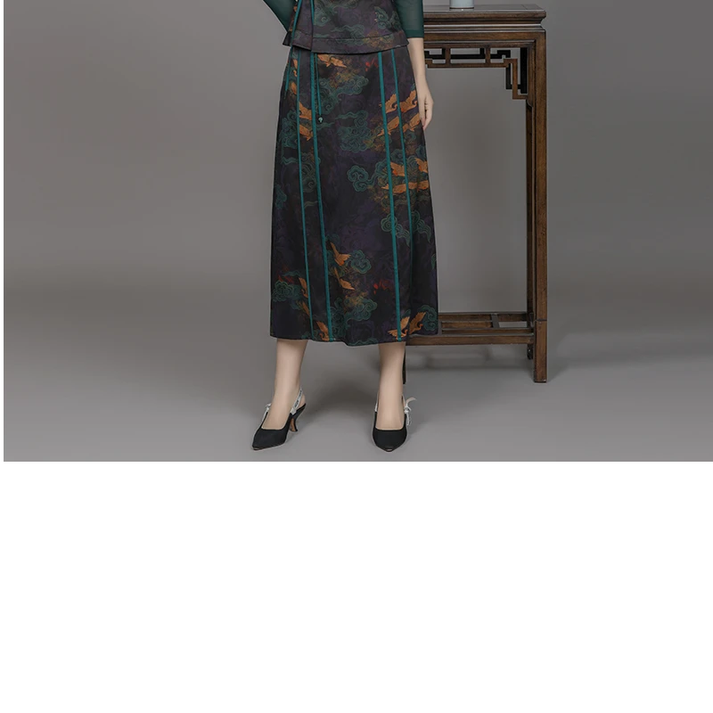 浒城古娘时尚复古国风刺绣女鹤云间香云纱半裙-21C19110