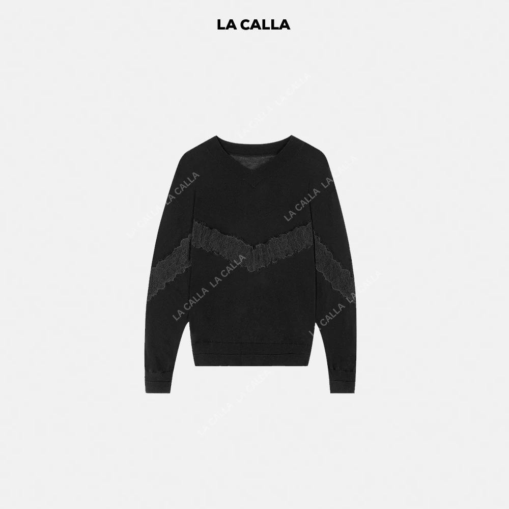 LA CALLA蕾丝拼接蕾丝拼接v领慵懒风长袖K053