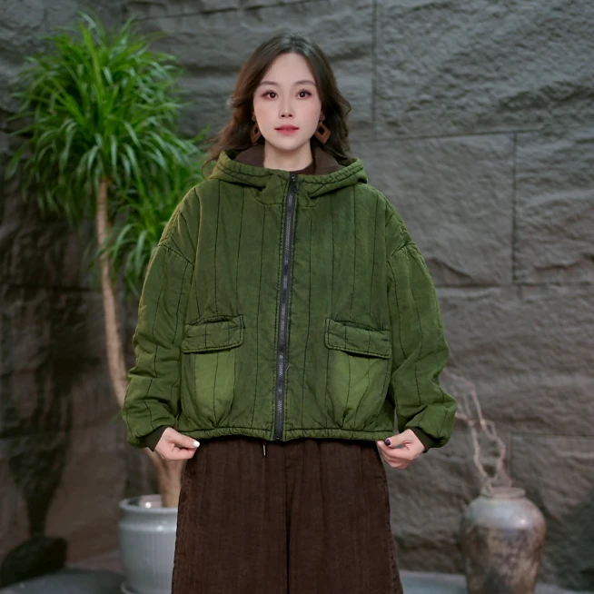 【短款炒色拉链麻料棉衣】保暖连帽棉服百搭棉衣上衣短款复古加厚