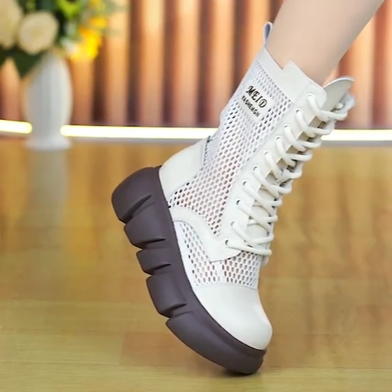 厚底网纱马丁靴女2025夏季新款薄款透气中筒网靴百搭网面镂空凉靴