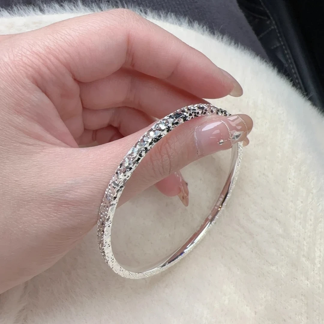 足银手镯 足银9999碎碎冰手镯实心碎冰冰纯银镯子送女友七夕礼物